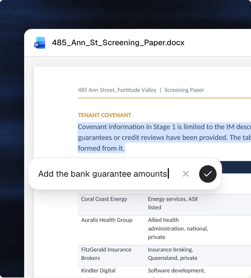 The screening paper's tenant covenant section, with a paragraph selected and a change request being typed