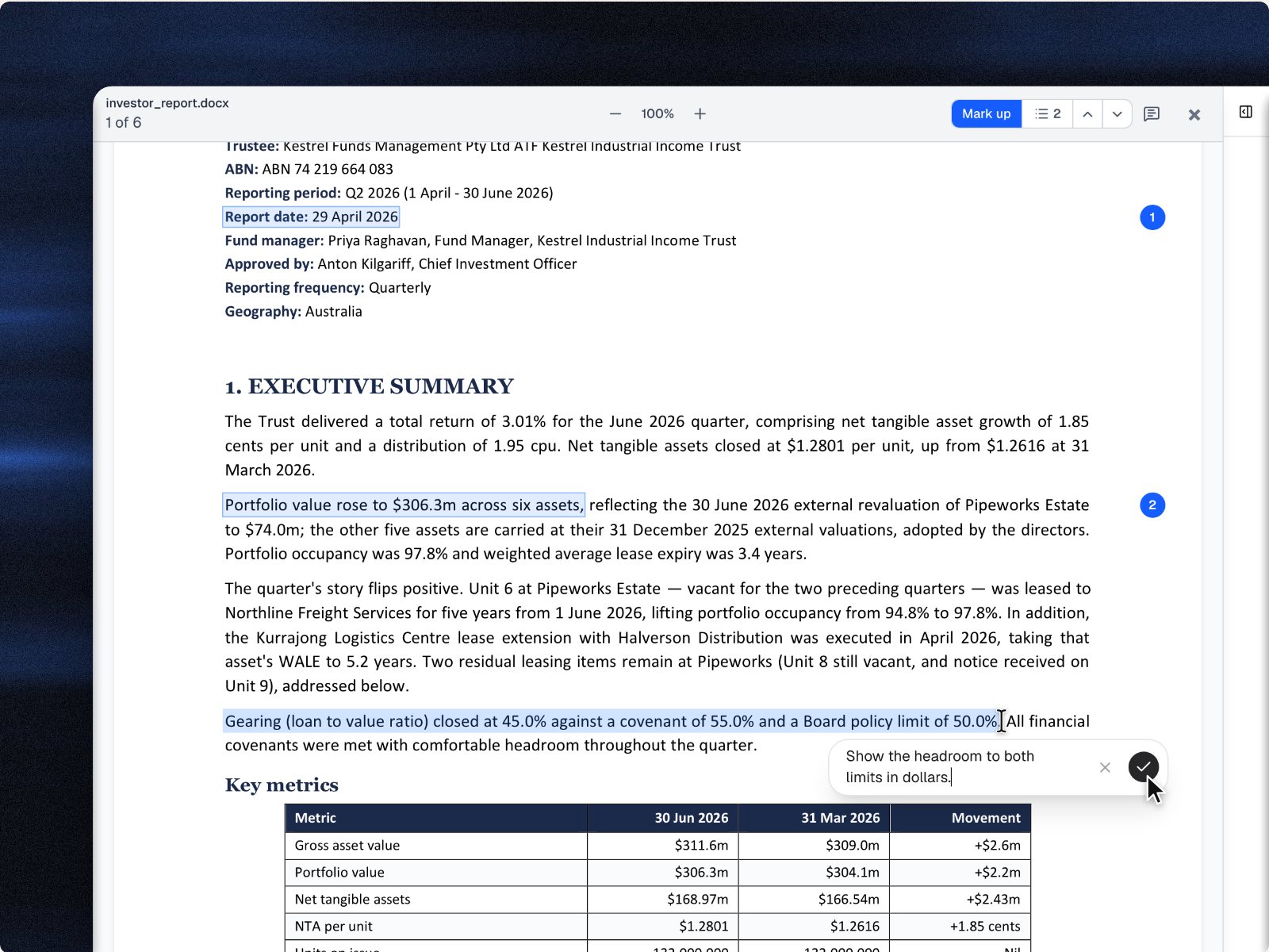 A draft report with highlighted passages and a comment being typed