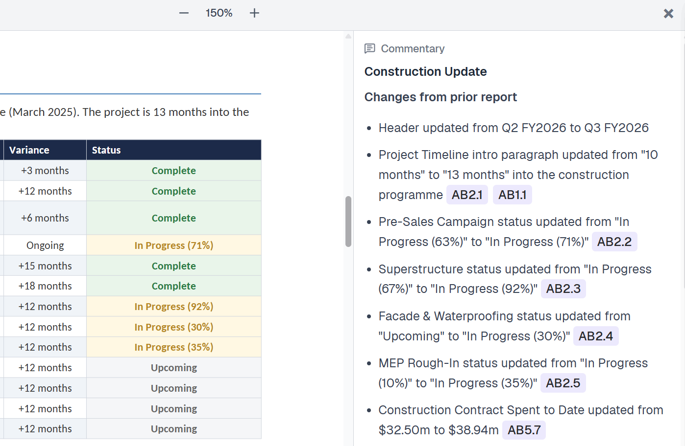 Harper commentary panel next to slide content and report data