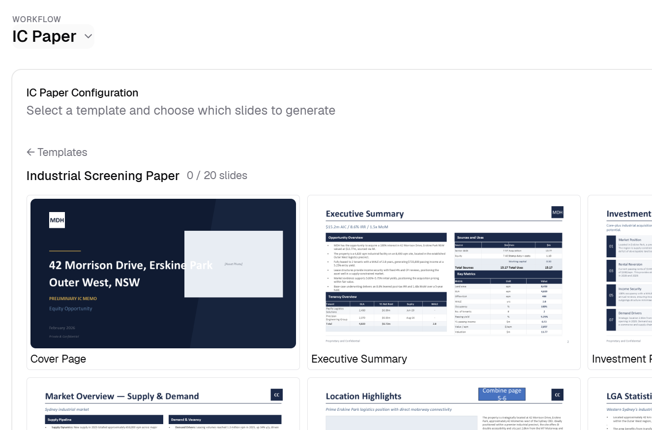Harper IC Paper workflow — select a template and choose which slides to generate